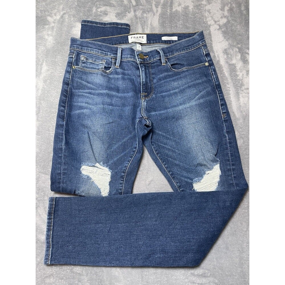 Frame Le Garcon Women's Size 26 Blue Distressed Mid-Rise Denim Jeans retail $290